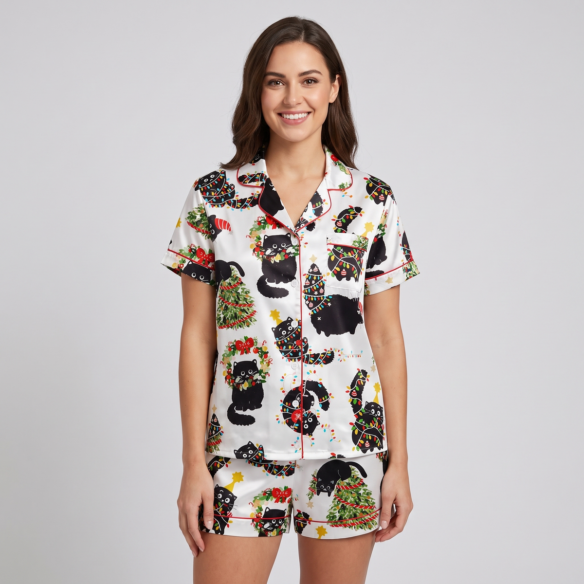 Black Cats & Wreaths Women's Pajama Set - short sleeve and shorts