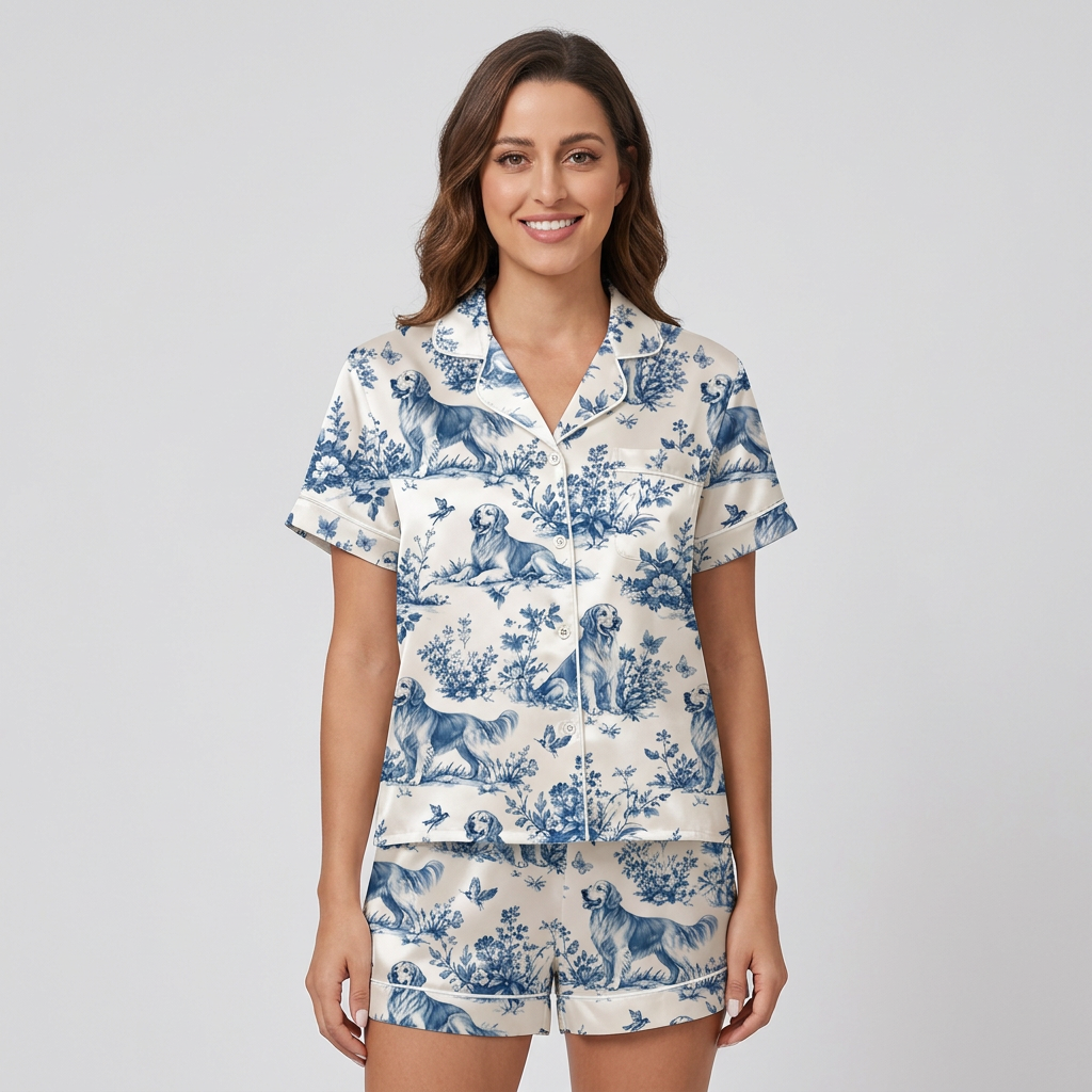 Women's satin pajama set with golden retrievers in a dusty blue flower meadow on white - short sleeve and shorts