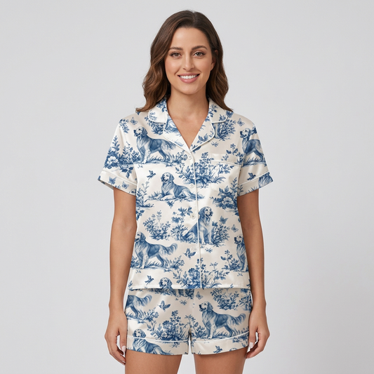 Women's satin pajama set with golden retrievers in a dusty blue flower meadow on white - short sleeve and shorts