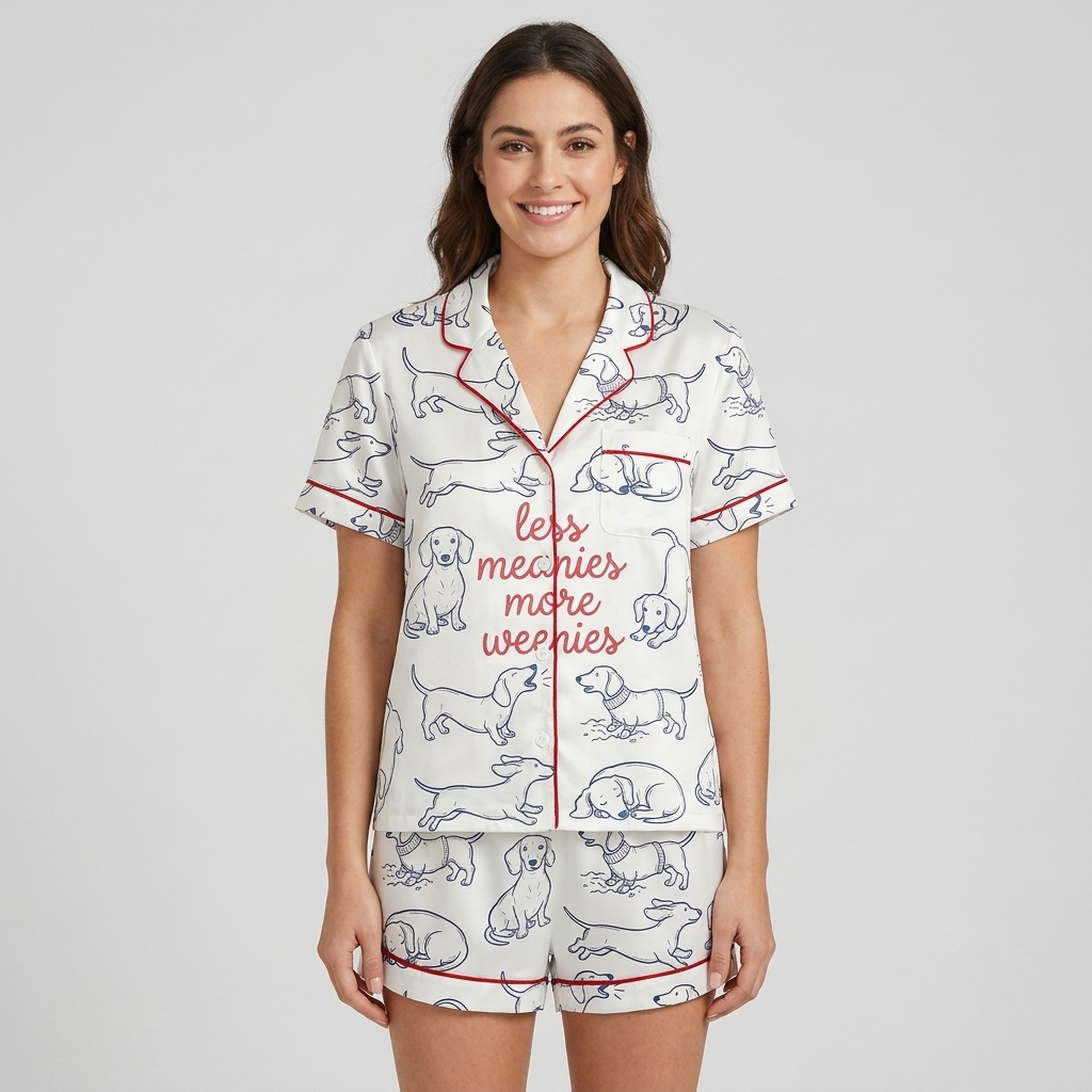 Women's satin pajama set with navy line-drawn dachshunds with red script on white - short sleeve and shorts
