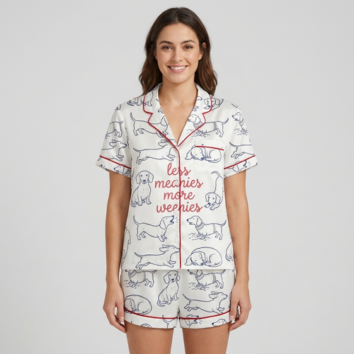 Women's satin pajama set with navy line-drawn dachshunds with red script on white - short sleeve and shorts