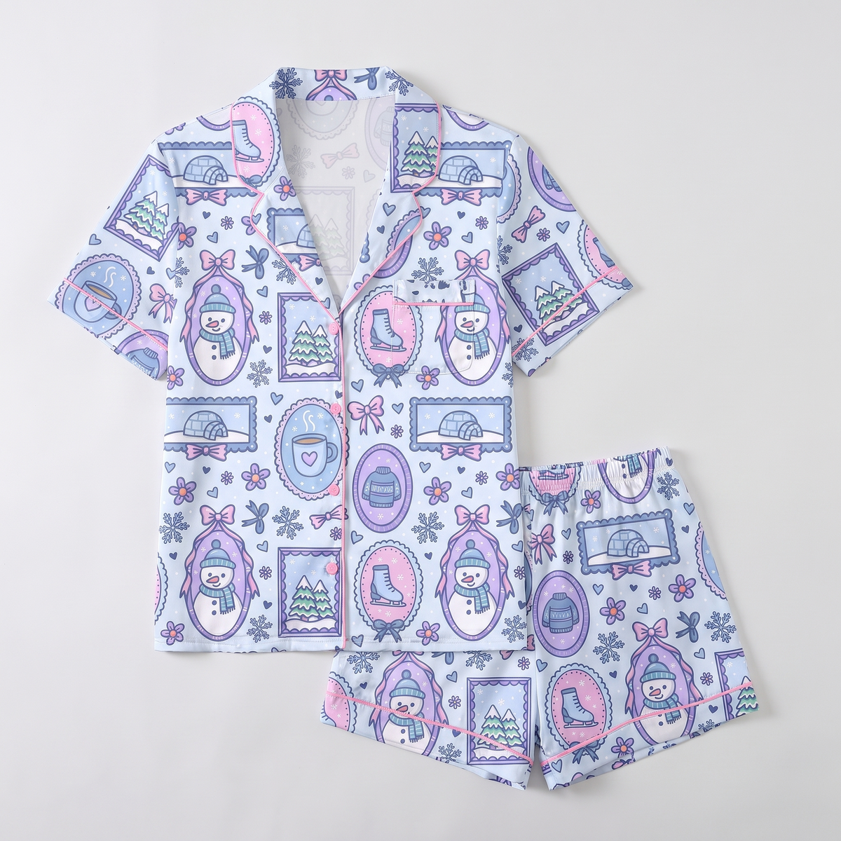 Pastel Snowmen & Skates Women's Pajama Set - flat lay