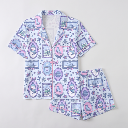 Pastel Snowmen & Skates Women's Pajama Set - flat lay