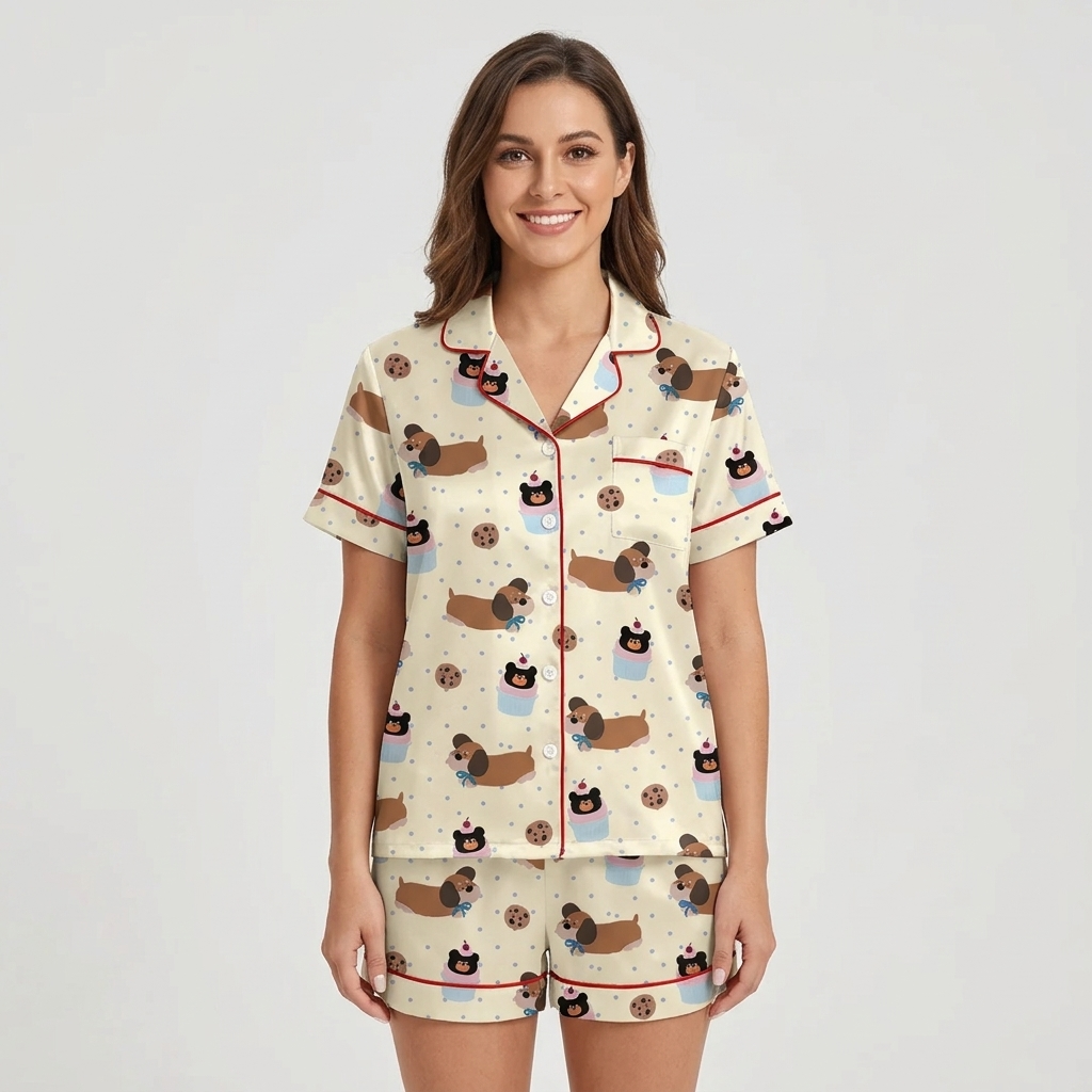 Dachshund Cookies and Cupcakes Women's Pajama Set - Beige short sleeve and shorts