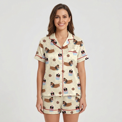 Dachshund Cookies and Cupcakes Women's Pajama Set - Beige short sleeve and shorts