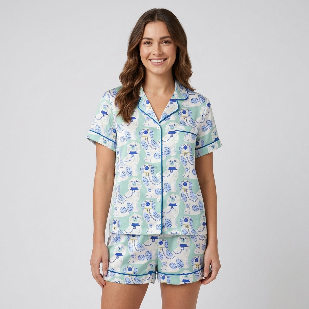 Women's satin pajama set with blue and white porcelain spaniel figurines in lattice frames on mint green - short sleeve and shorts