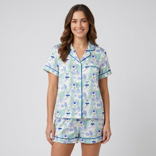 Women's satin pajama set with blue and white porcelain spaniel figurines in lattice frames on mint green - short sleeve and shorts