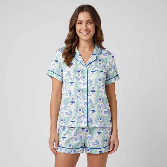 Women's satin pajama set with blue and white porcelain spaniel figurines in lattice frames on mint green - short sleeve and shorts