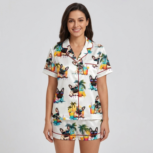 Women's satin pajama set with French bulldogs in shades, tropical drinks and palm trees on white - short sleeve and shorts