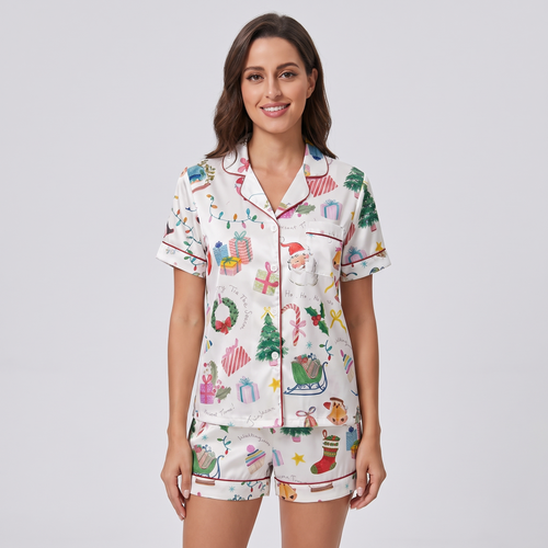 Cozy Watercolor Christmas Women's Pajama Set - short sleeve and shorts