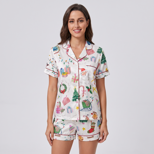 Cozy Watercolor Christmas Women's Pajama Set - short sleeve and shorts