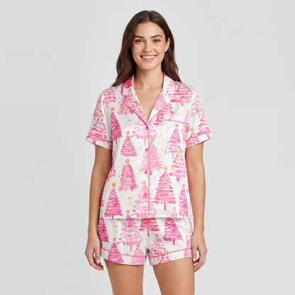 Pink Tinsel Trees Women's Pajama Set - short sleeve and shorts