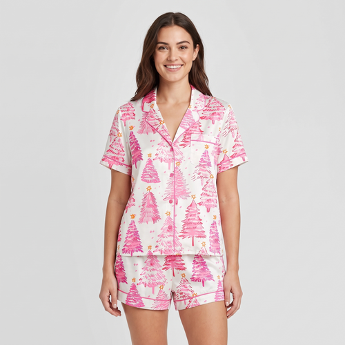Pink Tinsel Trees Women's Pajama Set - short sleeve and shorts