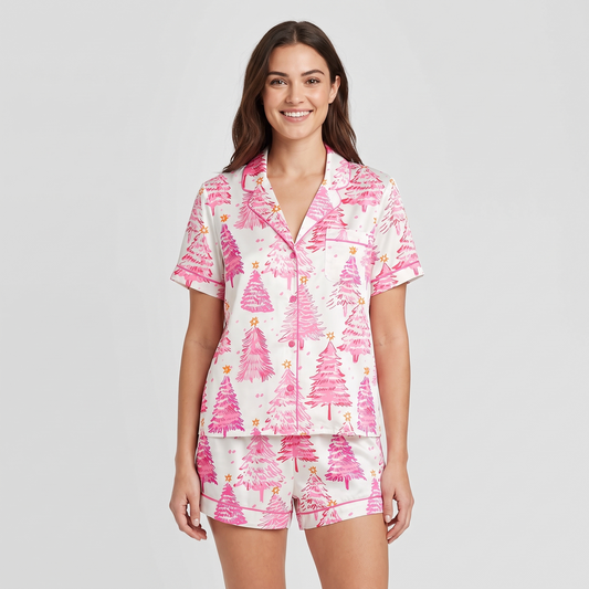 Pink Tinsel Trees Women's Pajama Set - short sleeve and shorts