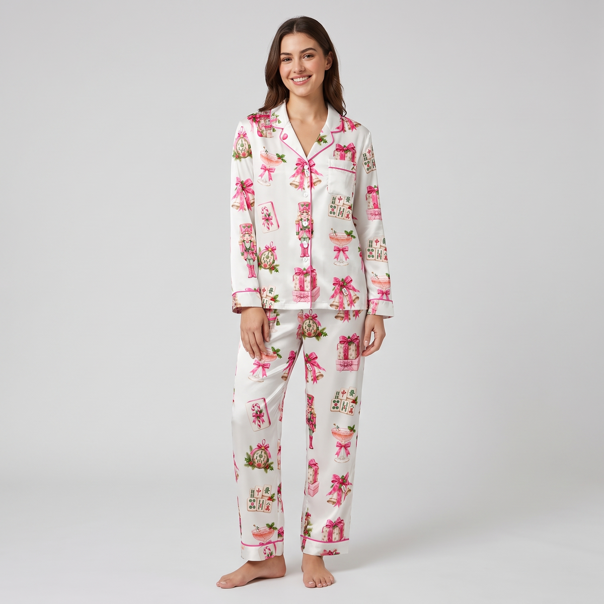 Pink Mahjong Cocktail Party Women's Pajama Set - long sleeve and pants