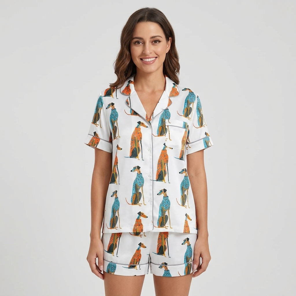 Women's long-sleeve satin pajama set with greyhounds in teal and rust patterned coats in rows on white - short sleeve and shorts