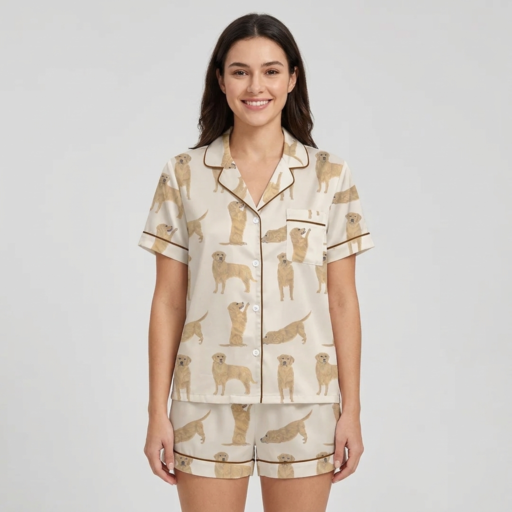 Women's satin pajama set with light golden retrievers standing, sitting and stretching on white - short sleeve and shorts