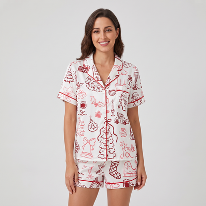 Red Line Art Doodles Women's Pajama Set - short sleeve and shorts