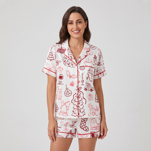Red Line Art Doodles Women's Pajama Set - short sleeve and shorts