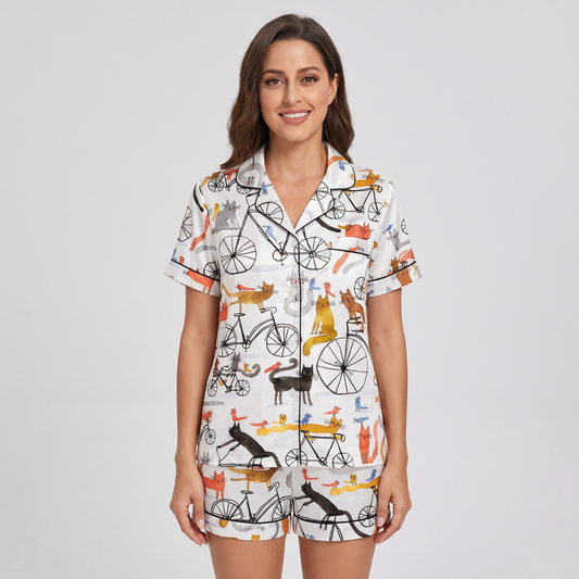 Cycling Cats Women's Pajama Set - short sleeve and shorts