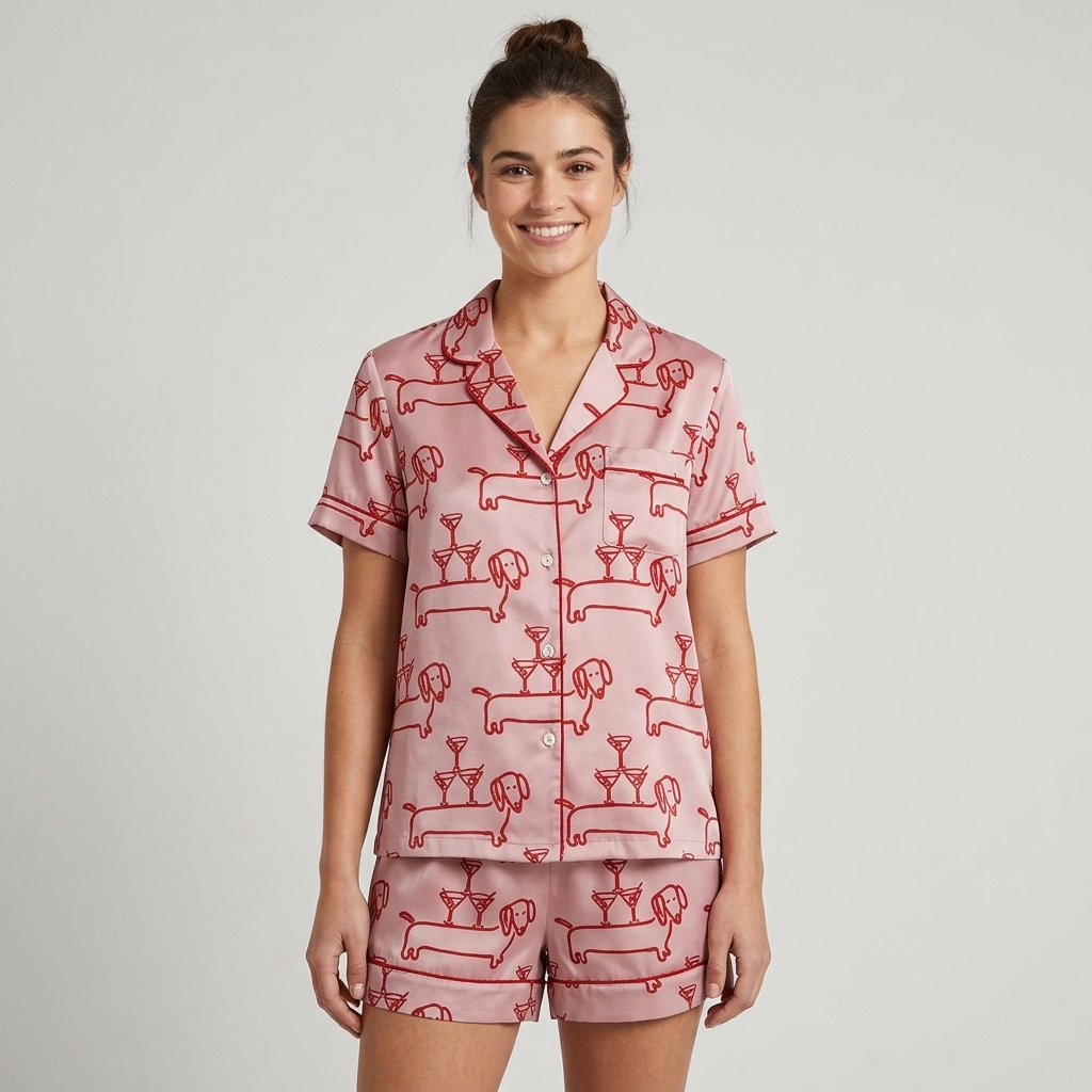 Women's long-sleeve satin pajama set with dachshunds and cocktail glasses in red line art on blush pink - short sleeve and shorts