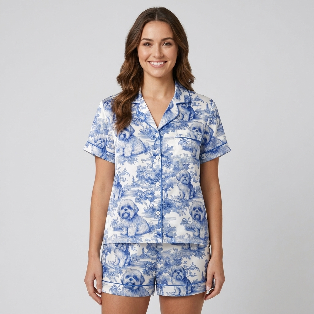 Women's satin pajama set with shih tzus in a blue toile landscape of cottages and hills on white - short sleeve and shorts