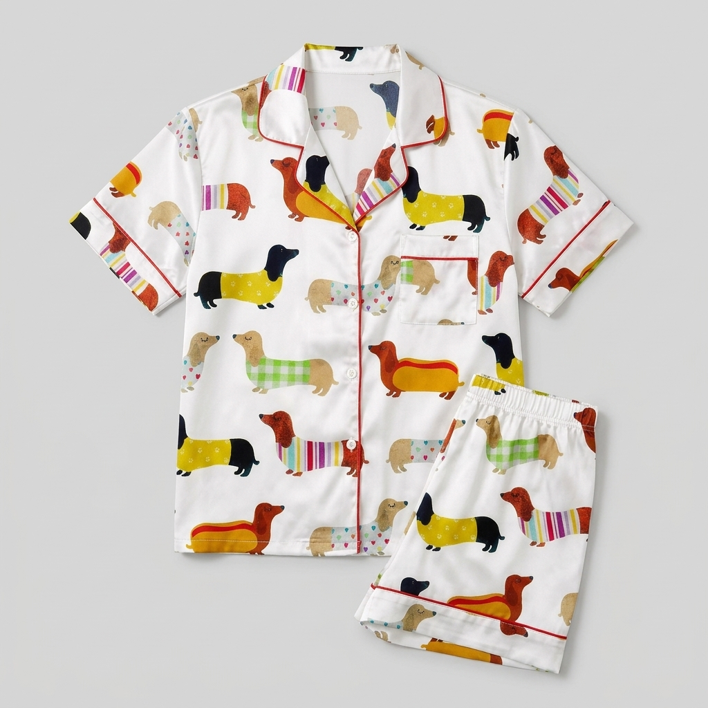 Women's satin pajama set with dachshunds in gingham and striped sweaters, one dressed as a hot dog, on white - flat lay