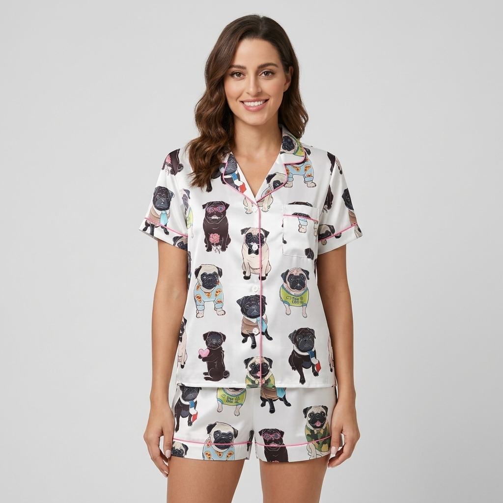 Women's satin pajama set with fawn and black pugs in sweaters, sunglasses and ties on white with pink piping - short sleeve and shorts