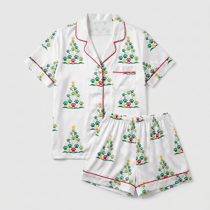 Paw Print Christmas Trees Women's Pajama Set - flat lay