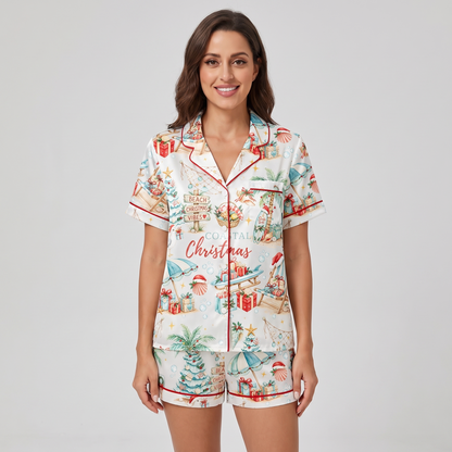 Coastal Christmas Seashells Women's Pajama Set - short sleeve and shorts