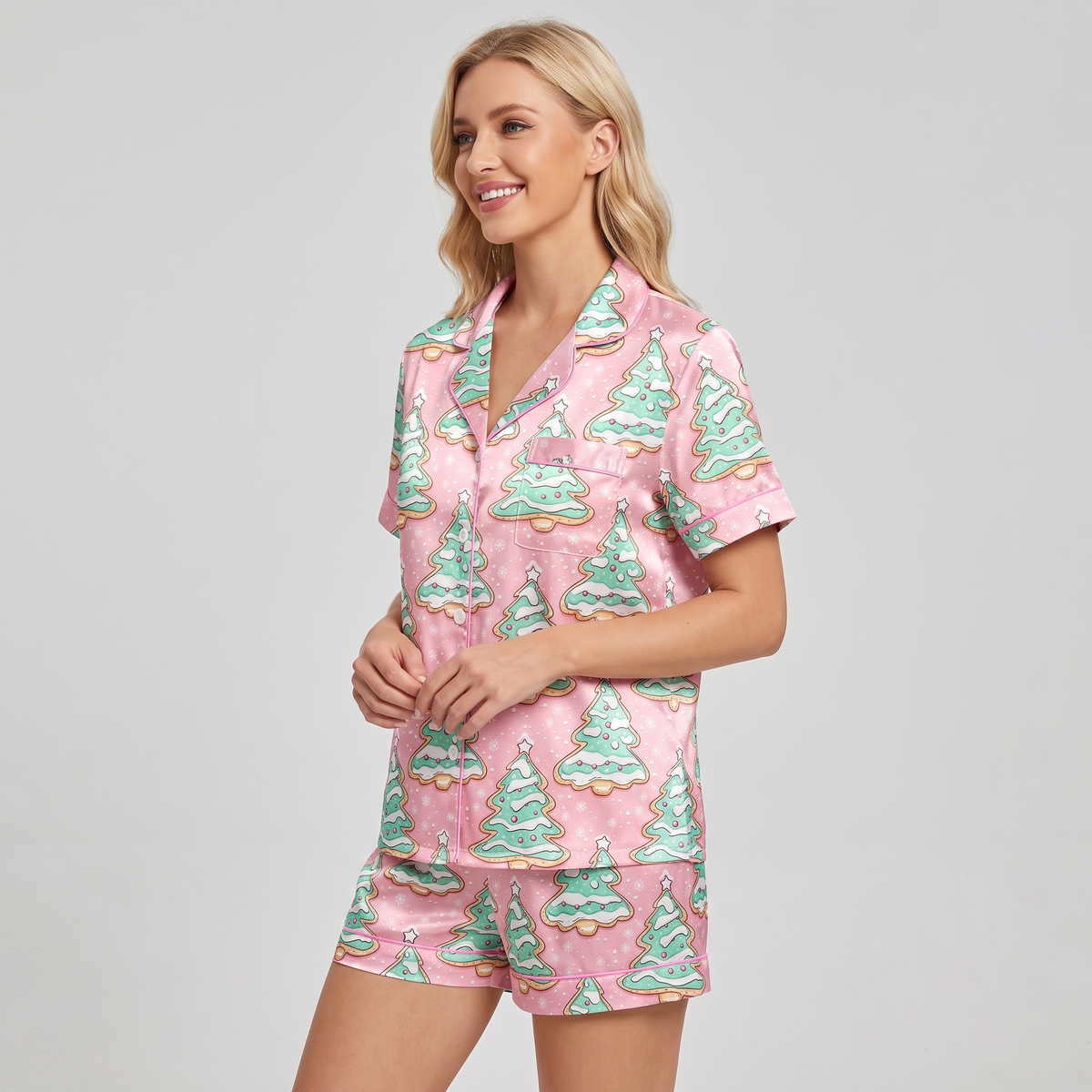 Pink & Mint Tree Cakes Women's Pajama Set - short sleeve and shorts