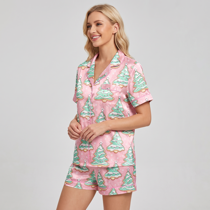 Pink & Mint Tree Cakes Women's Pajama Set - short sleeve and shorts