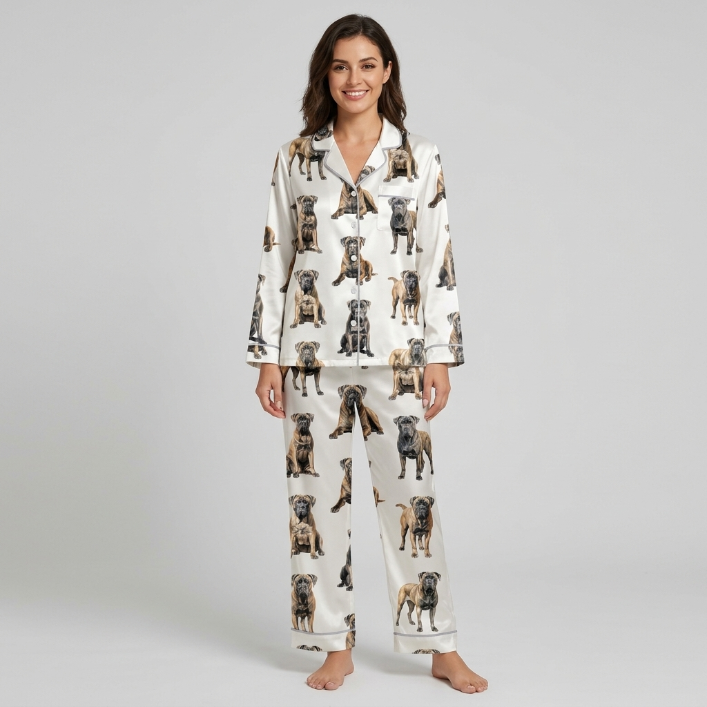 Women's satin pajama set with fawn, black and brindle Cane Corsos lounging on crisp white - long sleeve and pants