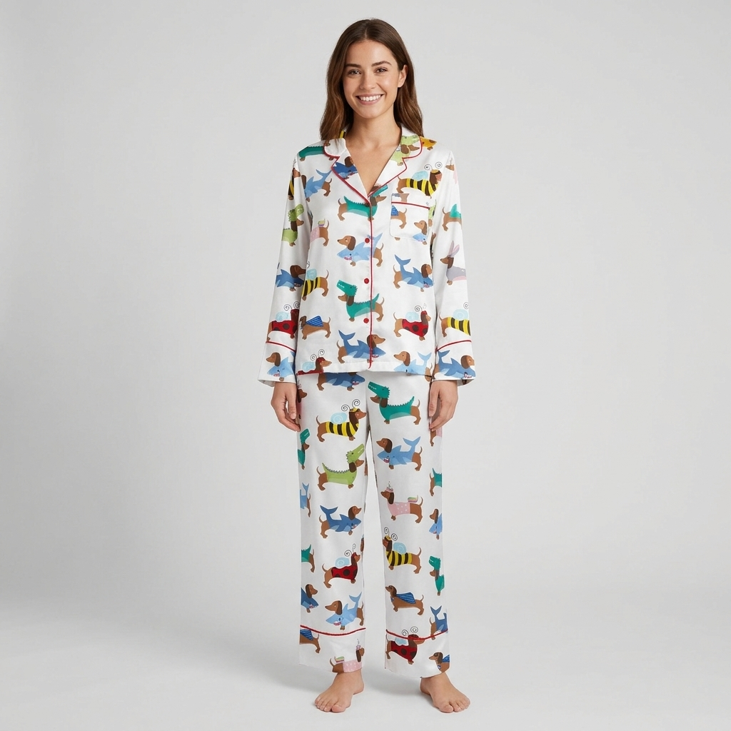 Women's satin pajama set with dachshunds dressed as sharks, dinosaurs, bees, unicorns and bunnies on white with red piping - long sleeve and pants
