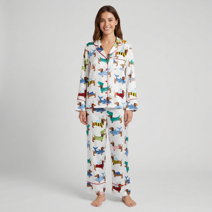 Women's satin pajama set with dachshunds dressed as sharks, dinosaurs, bees, unicorns and bunnies on white with red piping - long sleeve and pants