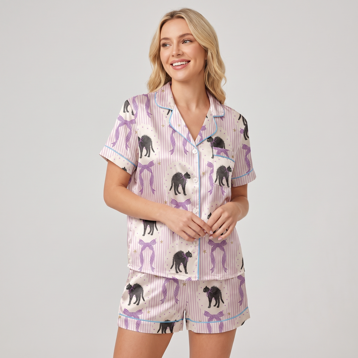 Purple Bow Black Cats Women's Pajama Set - short sleeve and shorts