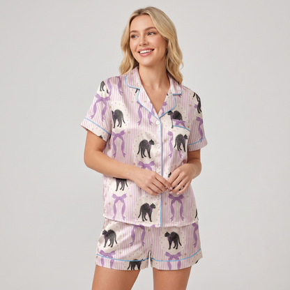 Purple Bow Black Cats Women's Pajama Set - short sleeve and shorts