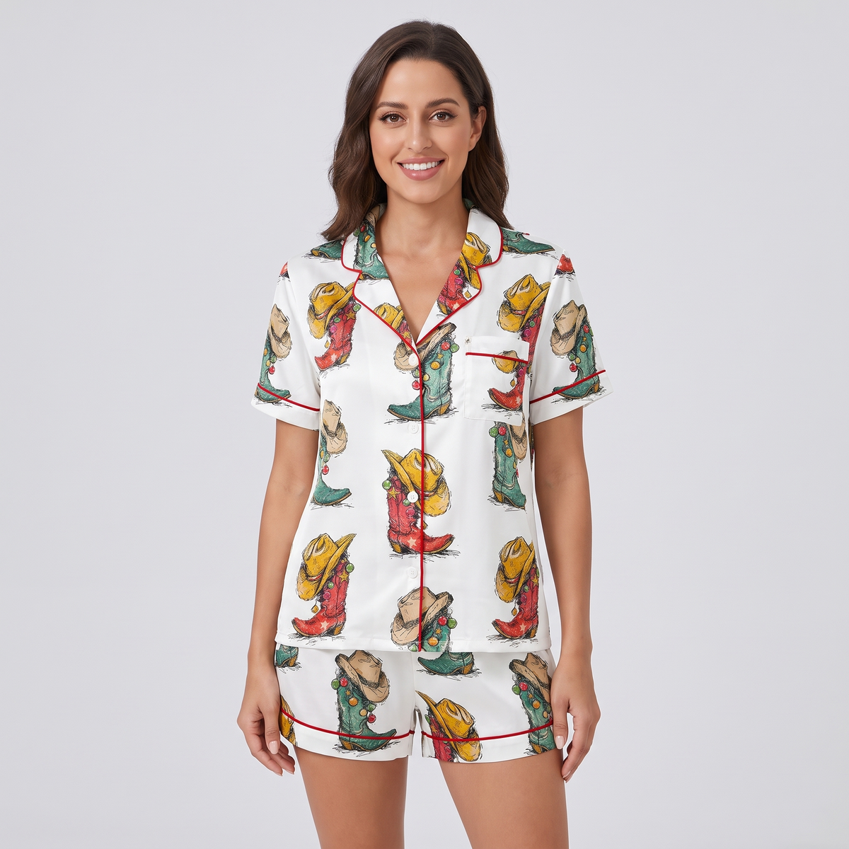 Howdy Christmas Boots Women's Pajama Set - short sleeve and shorts