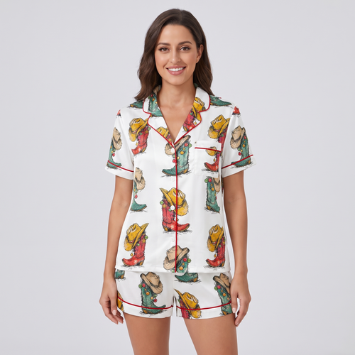 Howdy Christmas Boots Women's Pajama Set - short sleeve and shorts