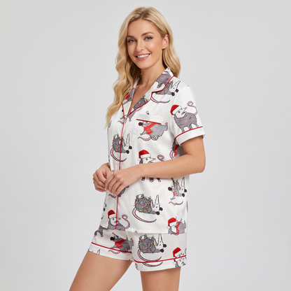 Overstimulated But Festive Possum Women's Pajama Set - short sleeve and shorts