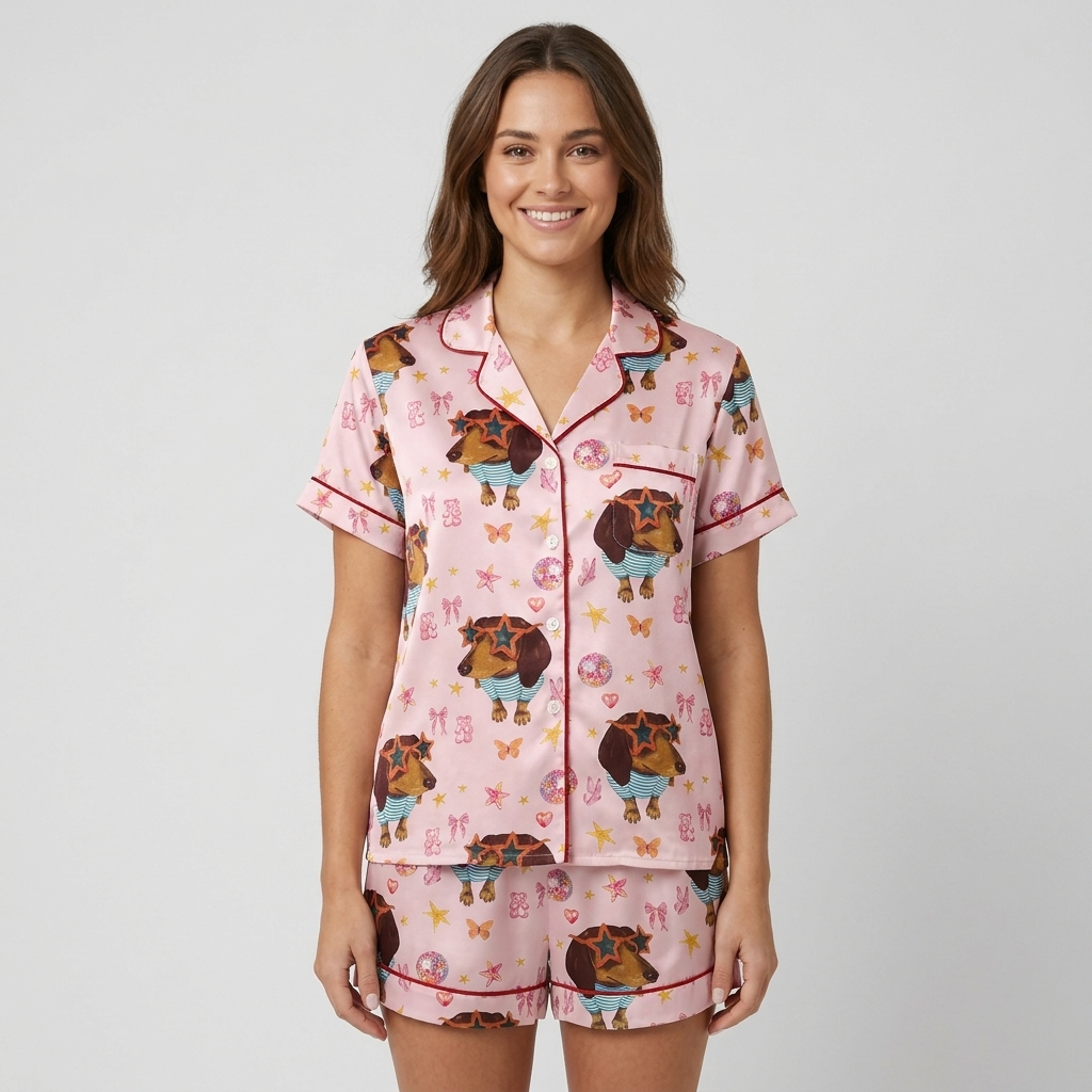 Sunglasses Dachshund Bows Women's Pajama Set - Pink short sleeve and shorts