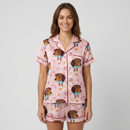 Sunglasses Dachshund Bows Women's Pajama Set - Pink short sleeve and shorts
