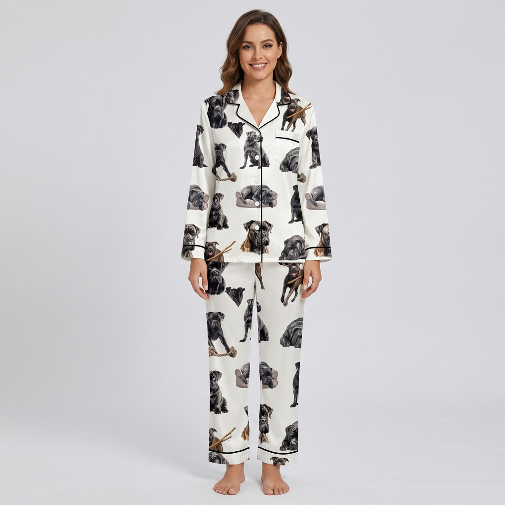 Women's satin pajama set with black Cane Corsos chewing sticks and posing on crisp white - long sleeve and pants