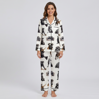 Women's satin pajama set with black Cane Corsos chewing sticks and posing on crisp white - long sleeve and pants