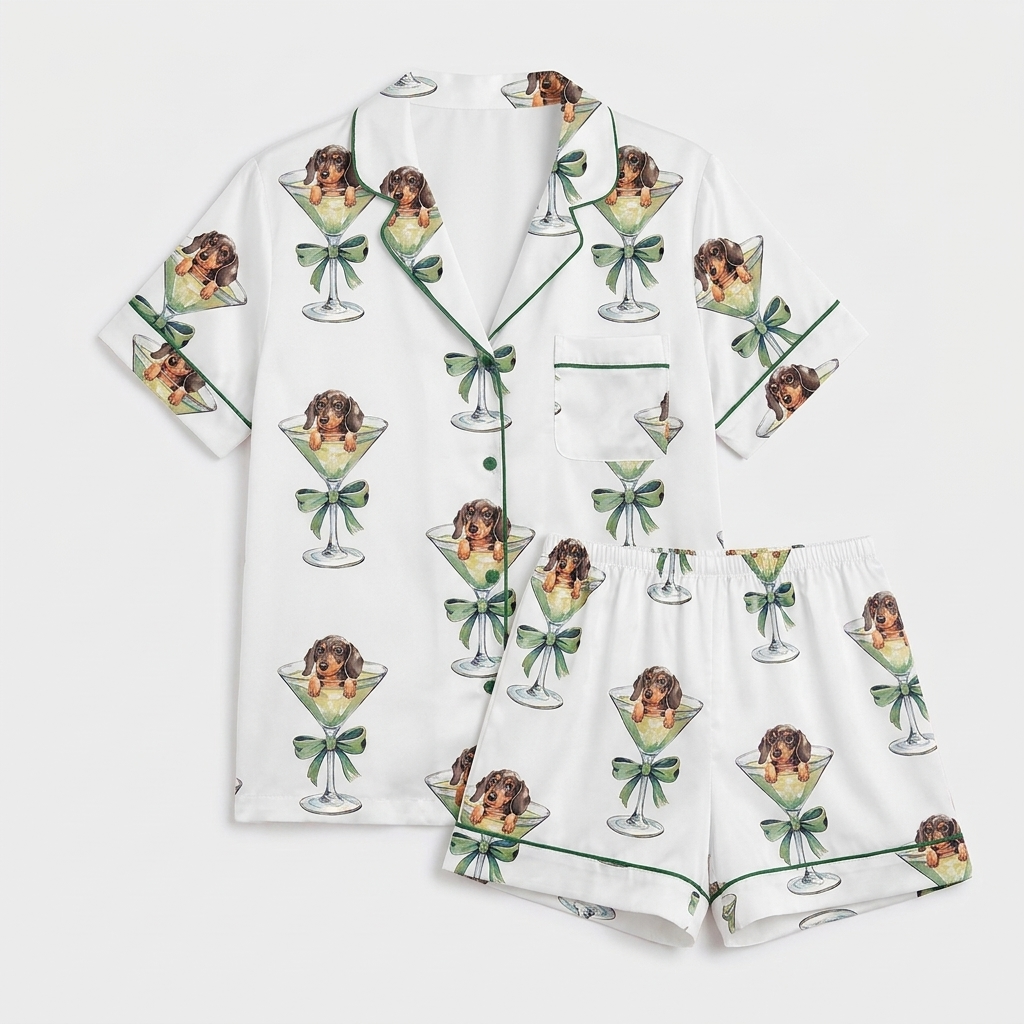 Women's satin pajama set with dachshund puppies peeking over martini glasses tied with sage green bows - flat lay