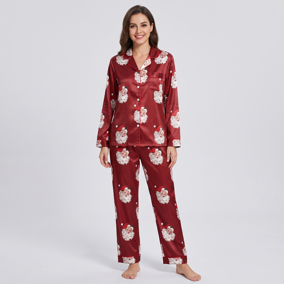 Vintage Burgundy Santa Women's Pajama Set - long sleeve and pants