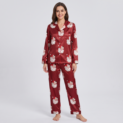 Vintage Burgundy Santa Women's Pajama Set - long sleeve and pants