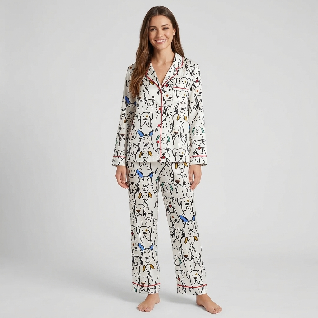 Women's satin pajama set with black line-drawn dogs and dalmatians with blue and mustard ears on white - long sleeve and pants