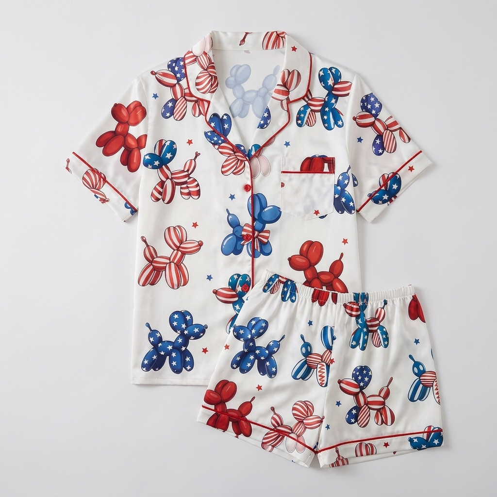 Women's satin pajama set with red, blue and flag-patterned balloon dogs and tiny stars on white - flat lay