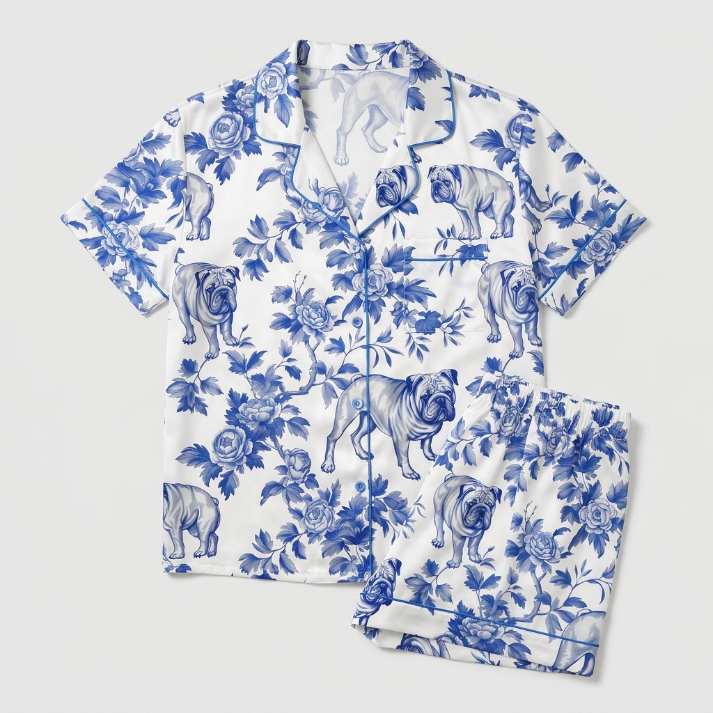 Women's satin pajama set with bulldogs in blue and white floral toile with roses on white - flat lay